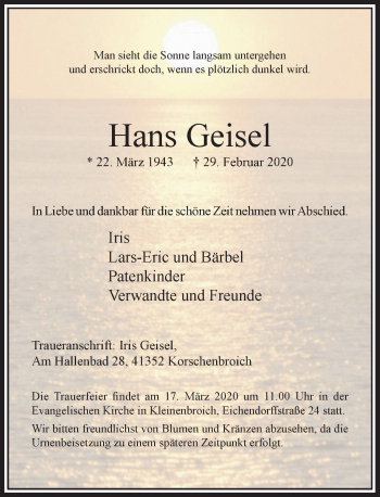 Traueranzeige von Hans Geisel von Rheinische Post