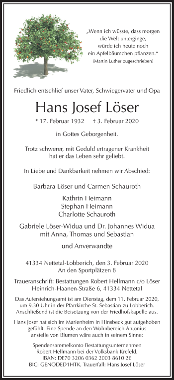 Traueranzeige von Hans Josef Löser von Rheinische Post