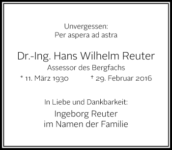 Traueranzeige von Hans Wilhelm Reuter von Rheinische Post