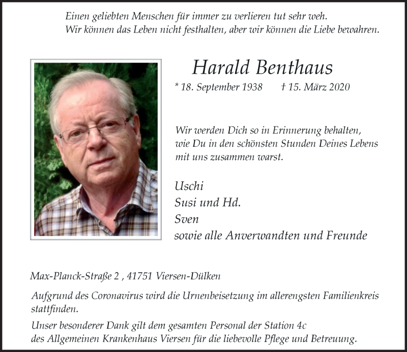  Traueranzeige für Harald Benthaus vom 21.03.2020 aus Rheinische Post