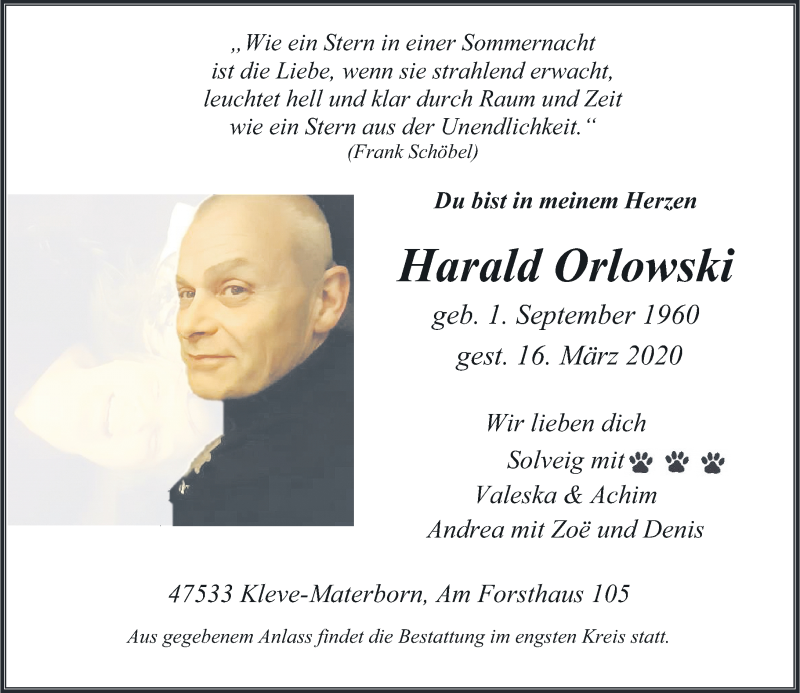  Traueranzeige für Harald Orlowski vom 28.03.2020 aus Rheinische Post