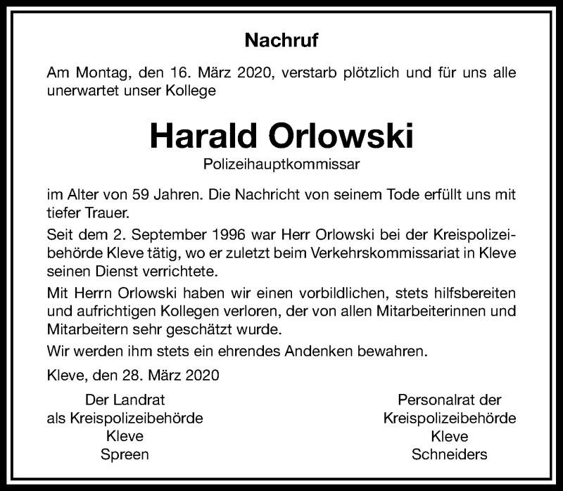  Traueranzeige für Harald Orlowski vom 28.03.2020 aus Rheinische Post