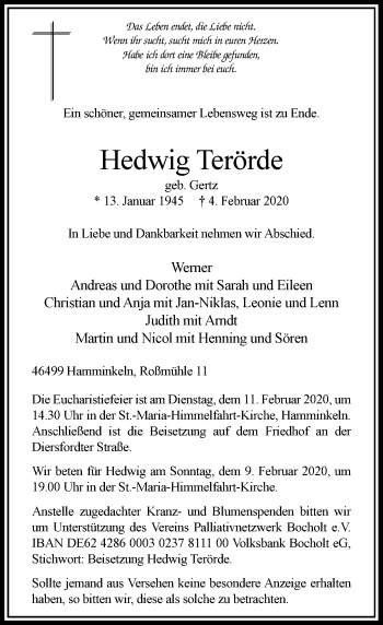 Traueranzeige von Hedwig Terörde von Rheinische Post