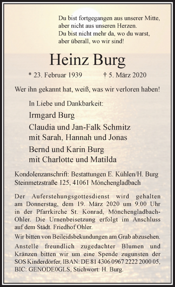  Traueranzeige für Heinz Burg vom 14.03.2020 aus Rheinische Post