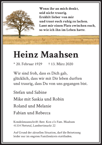 Traueranzeige von Heinz Maahsen von Rheinische Post