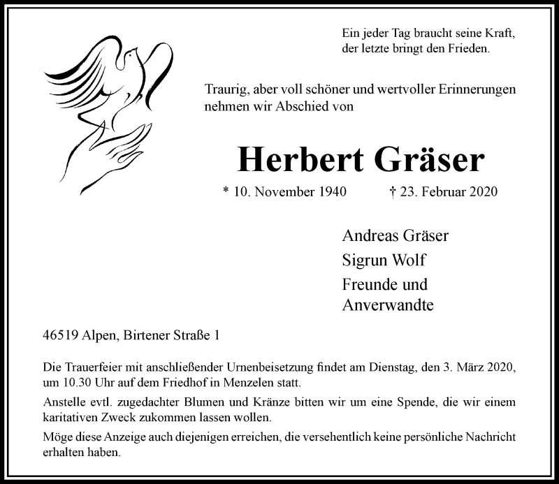  Traueranzeige für Herbert Gräser vom 29.02.2020 aus Rheinische Post