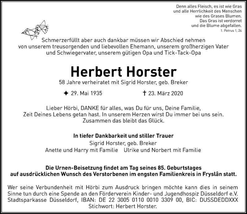  Traueranzeige für Herbert Horster vom 28.03.2020 aus Rheinische Post
