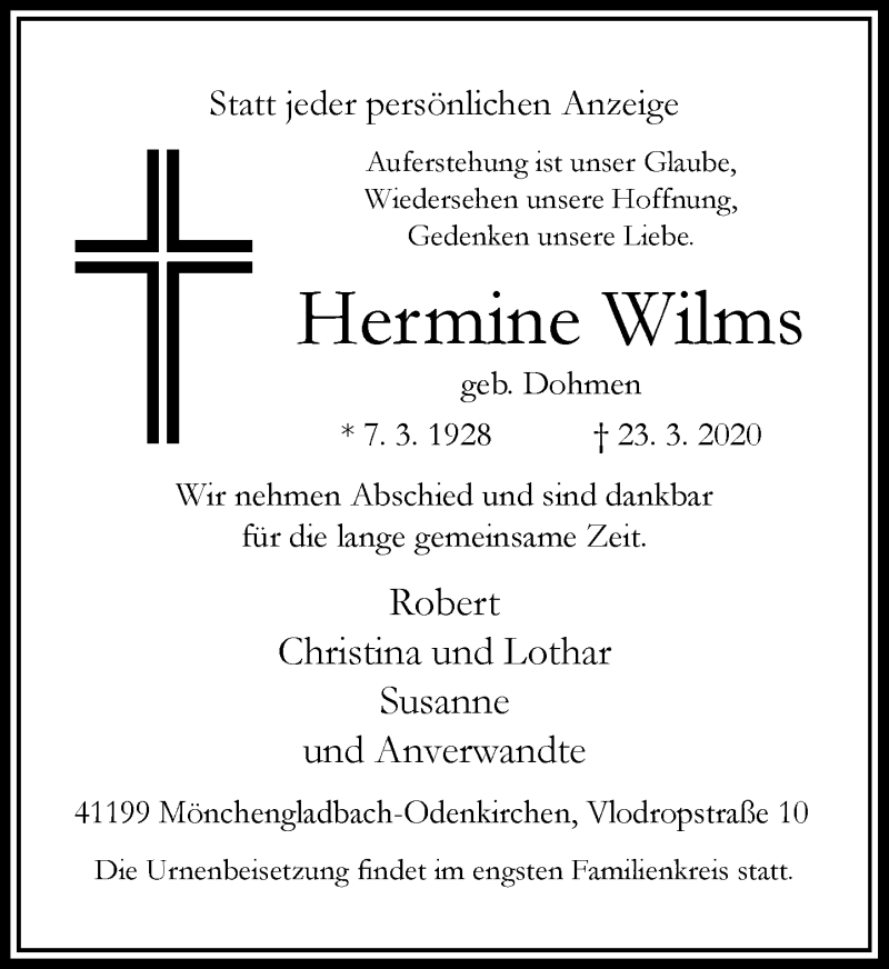  Traueranzeige für Hermine Wilms vom 28.03.2020 aus Rheinische Post