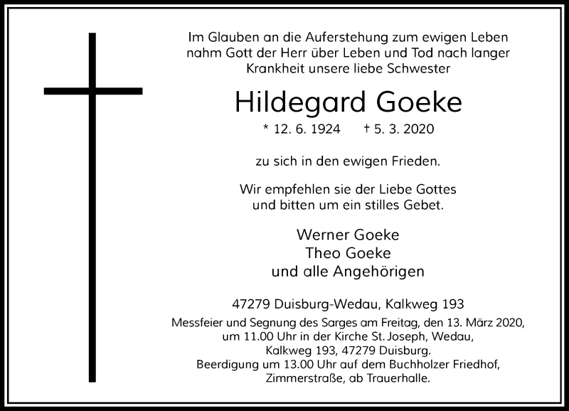  Traueranzeige für Hildegard Goeke vom 09.03.2020 aus Rheinische Post
