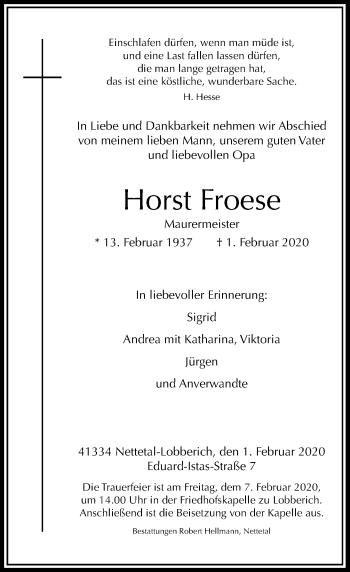 Traueranzeige von Horst Froese von Rheinische Post
