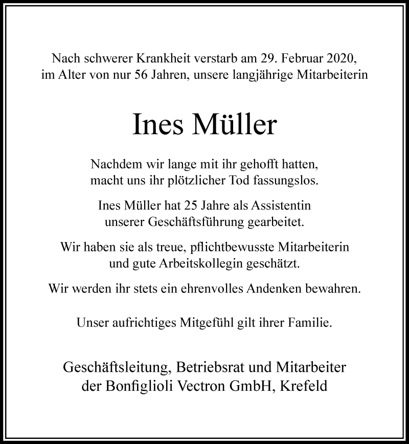  Traueranzeige für Ines Müller vom 07.03.2020 aus Rheinische Post