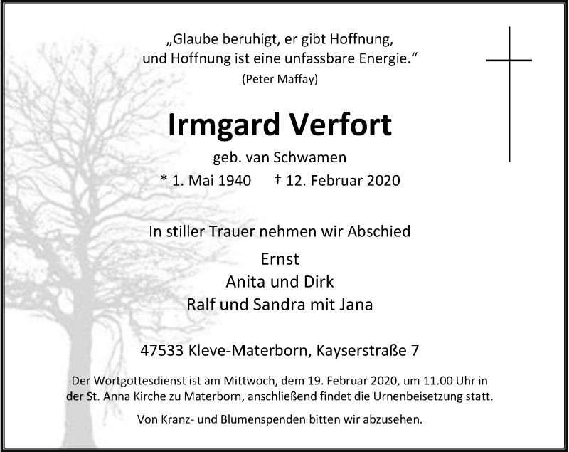  Traueranzeige für Irmgard Verfort vom 15.02.2020 aus Rheinische Post