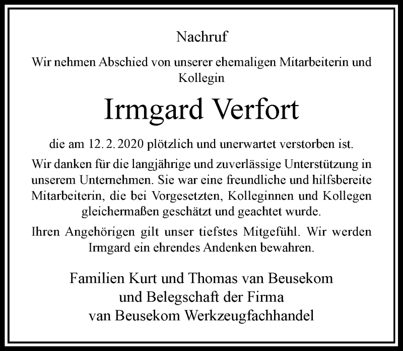  Traueranzeige für Irmgard Verfort vom 18.02.2020 aus Rheinische Post