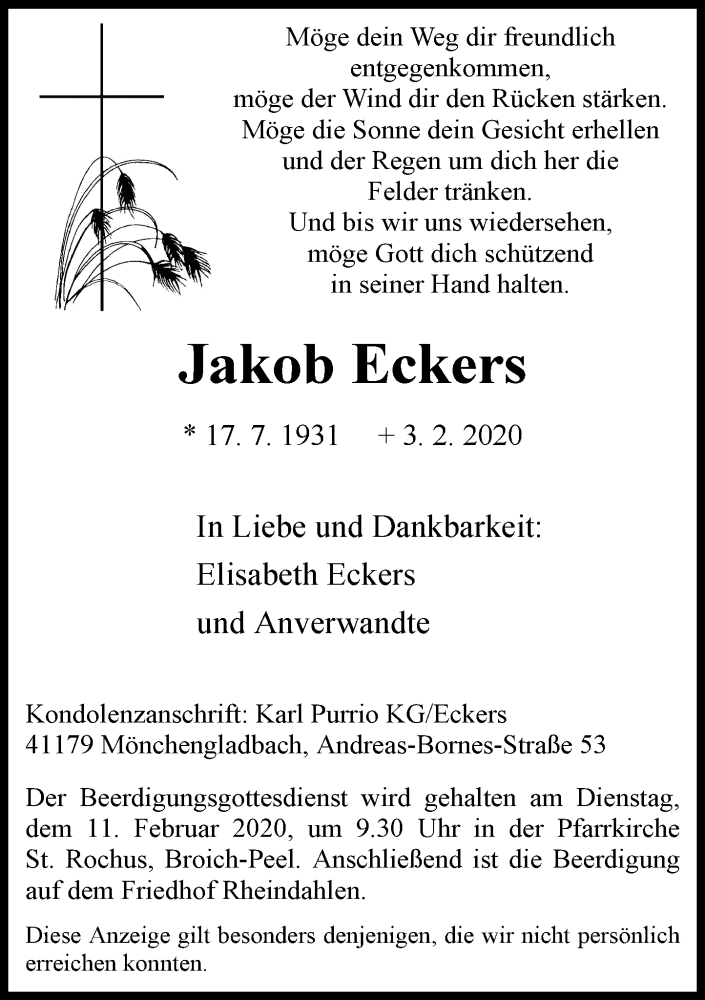  Traueranzeige für Jakob Eckers vom 08.02.2020 aus Rheinische Post