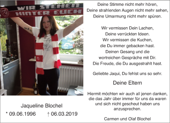 Traueranzeige von Jaqueline Blochel von Rheinische Post