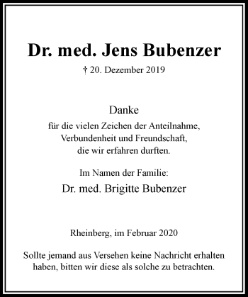 Traueranzeige von Jens Bubenzer von Rheinische Post