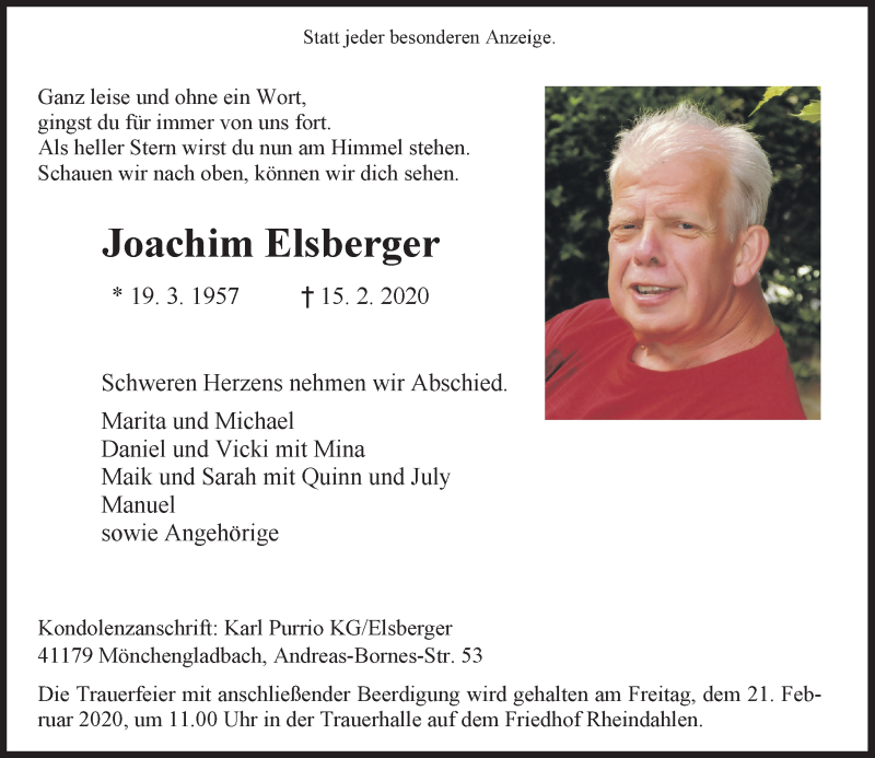  Traueranzeige für Joachim Elsberger vom 19.02.2020 aus Rheinische Post