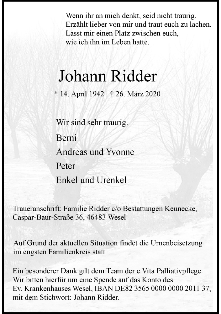  Traueranzeige für Johann Ridder vom 28.03.2020 aus Rheinische Post