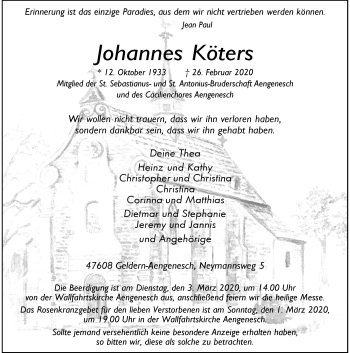 Traueranzeige von Johannes Köters von Rheinische Post