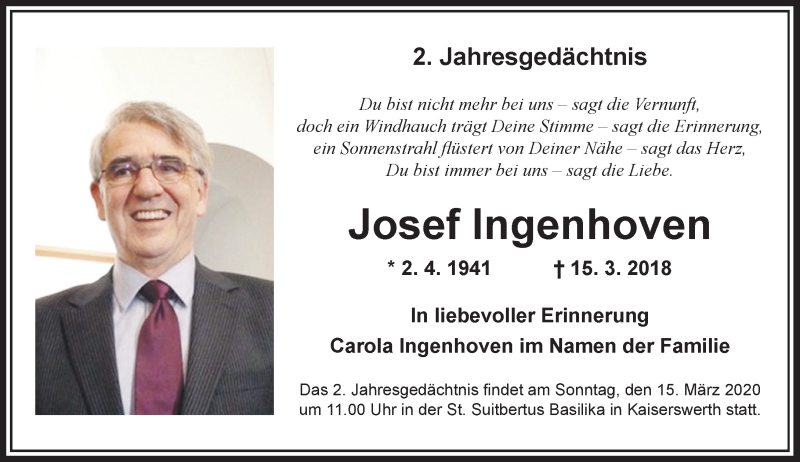  Traueranzeige für Josef Ingenhoven vom 14.03.2020 aus Rheinische Post