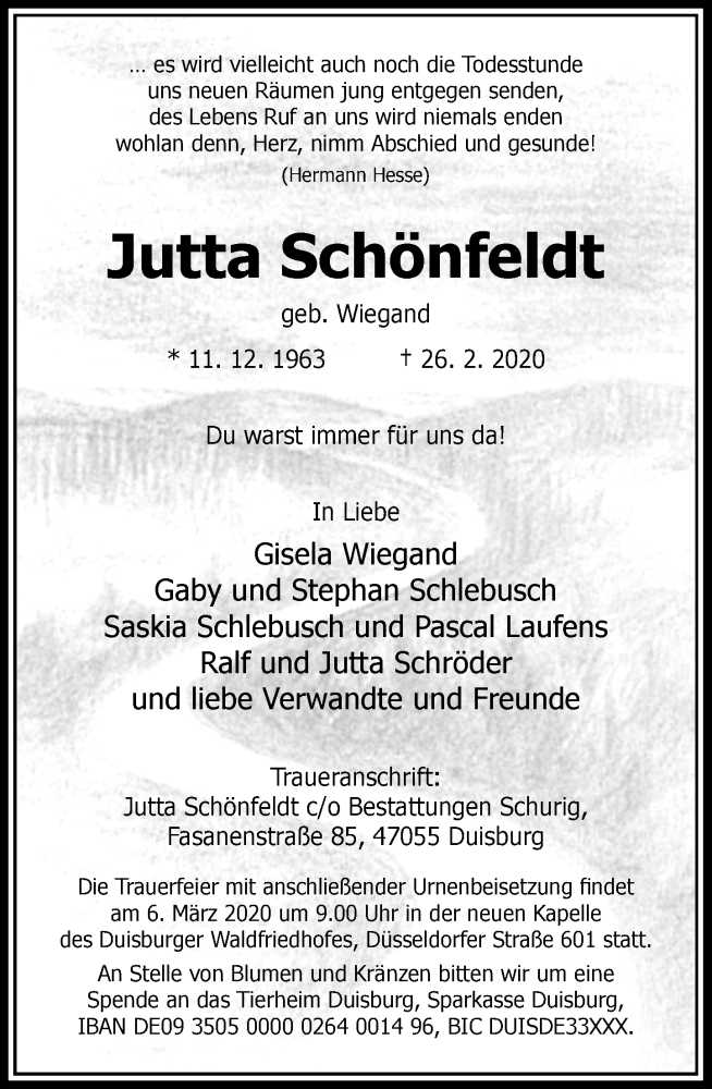  Traueranzeige für Jutta Schönfeldt vom 29.02.2020 aus Rheinische Post