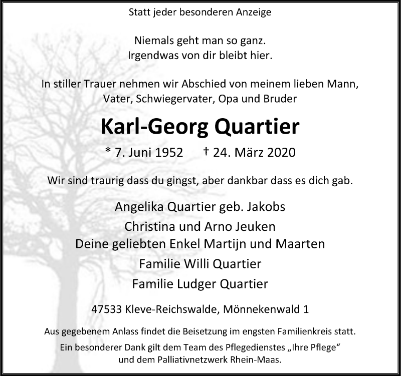  Traueranzeige für Karl-Georg Quartier vom 28.03.2020 aus Rheinische Post