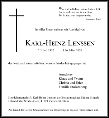 Traueranzeige von Karl-Heinz Lenssen von Rheinische Post