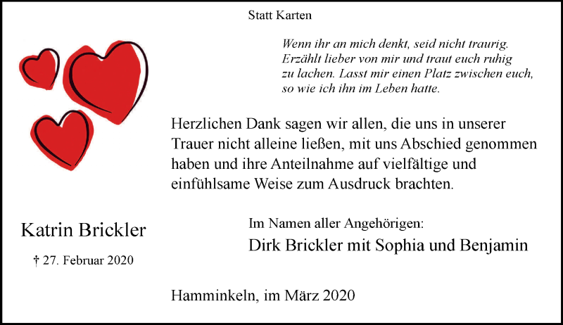  Traueranzeige für Katrin Brickler vom 21.03.2020 aus Rheinische Post