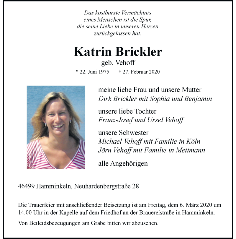  Traueranzeige für Katrin Brickler vom 03.03.2020 aus Rheinische Post