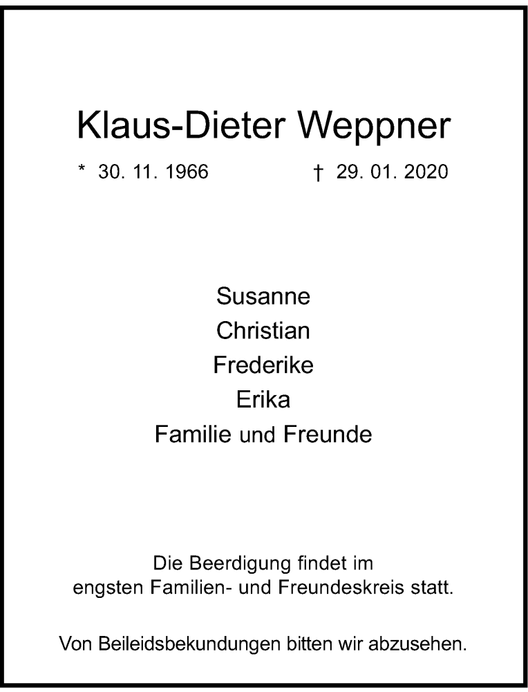  Traueranzeige für Klaus-Dieter Weppner vom 01.02.2020 aus Rheinische Post