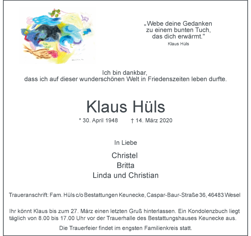  Traueranzeige für Klaus Hüls vom 19.03.2020 aus Rheinische Post