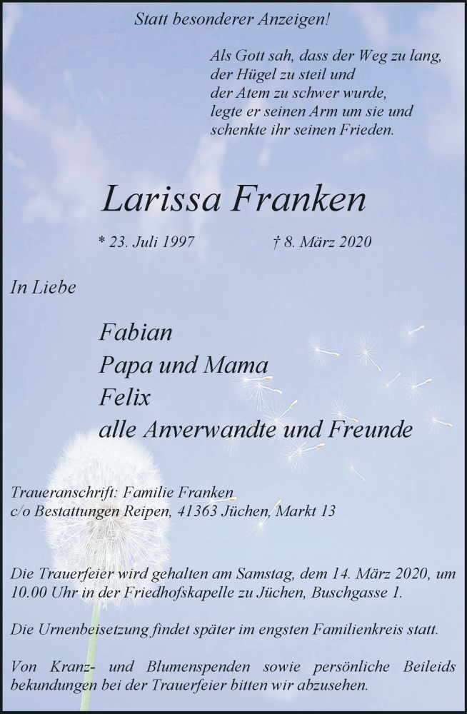  Traueranzeige für Larissa Franken vom 12.03.2020 aus Rheinische Post