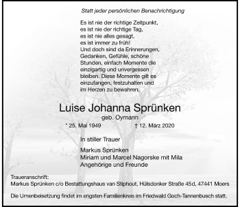 Traueranzeige von Luise Johanna Sprünken von Rheinische Post