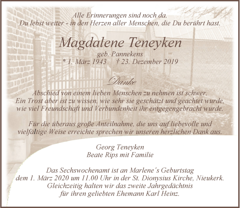  Traueranzeige für Magdalene Teneyken vom 22.02.2020 aus Rheinische Post