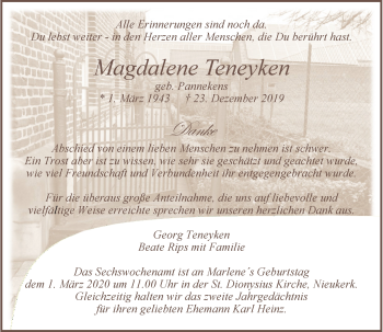 Traueranzeige von Magdalene Teneyken von Rheinische Post