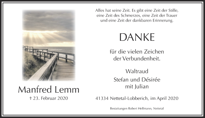  Traueranzeige für Manfred Lemm vom 04.04.2020 aus Rheinische Post