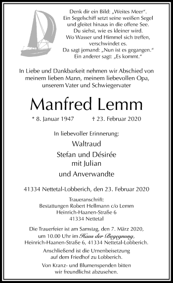 Traueranzeige von Manfred Lemm von Rheinische Post