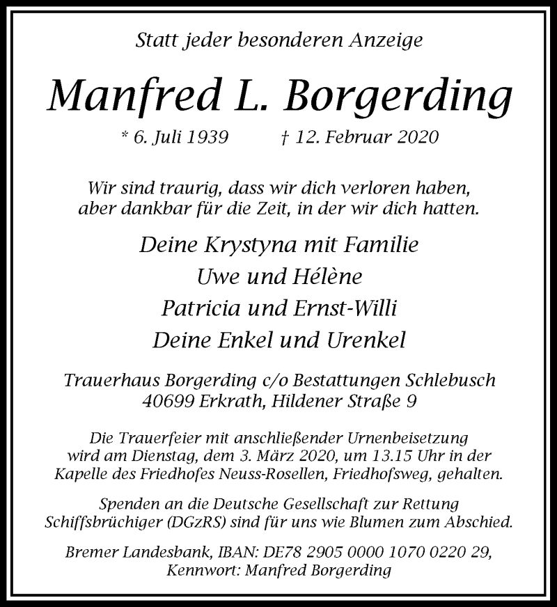  Traueranzeige für Manfred L. Borgerding vom 29.02.2020 aus Rheinische Post