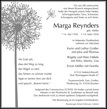 Traueranzeige von Marga Reynders von Rheinische Post