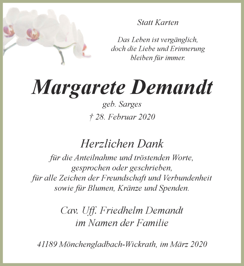  Traueranzeige für Margarete Demandt vom 28.03.2020 aus Rheinische Post