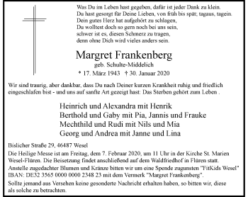 Todesanzeige von Margret Frankenberg von Rheinische Post