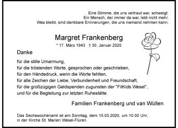 Todesanzeige von Margret Frankenberg von Rheinische Post