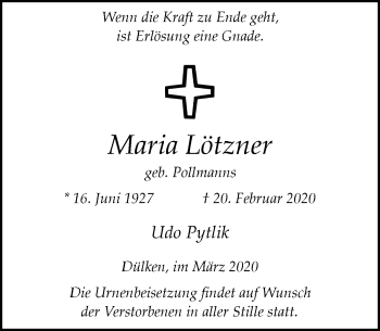 Traueranzeige von Maria Lötzner von Rheinische Post