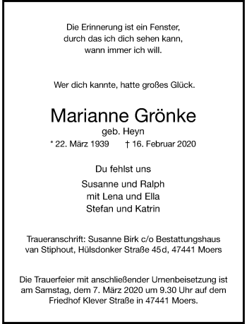 Traueranzeige von Marianne Grönke von Rheinische Post