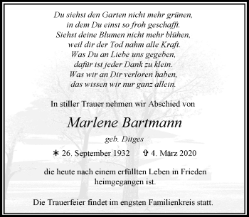Traueranzeige von Marlene Bartmann von Rheinische Post