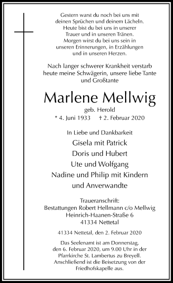 Traueranzeige von Marlene Mellwig von Rheinische Post