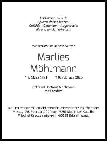 Traueranzeige von Marlies Möhlmann von Rheinische Post