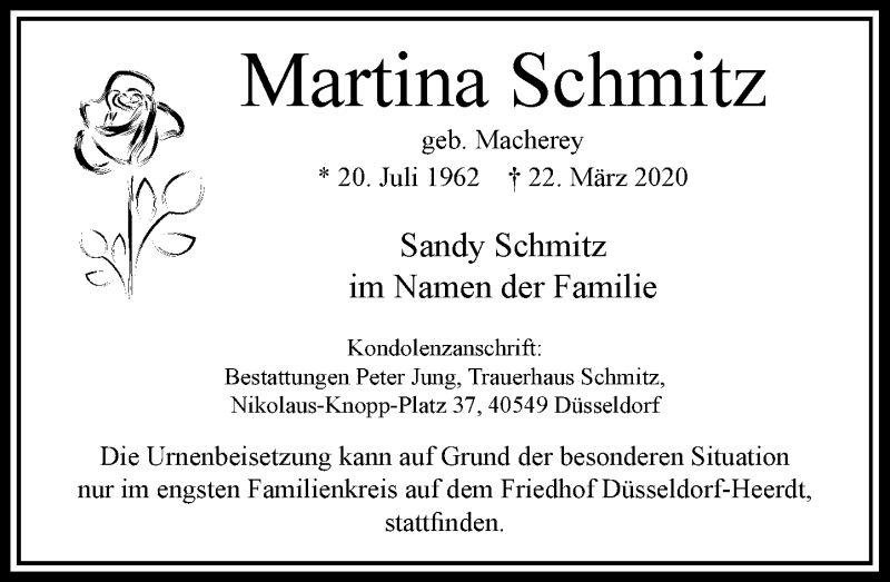  Traueranzeige für Martina Schmitz vom 28.03.2020 aus Rheinische Post