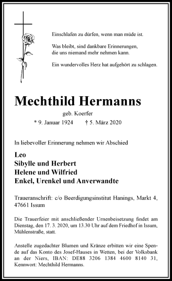 Traueranzeige von Mechthild Hermanns von Rheinische Post