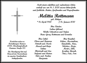 Traueranzeige von Melitta Rottmann von Rheinische Post